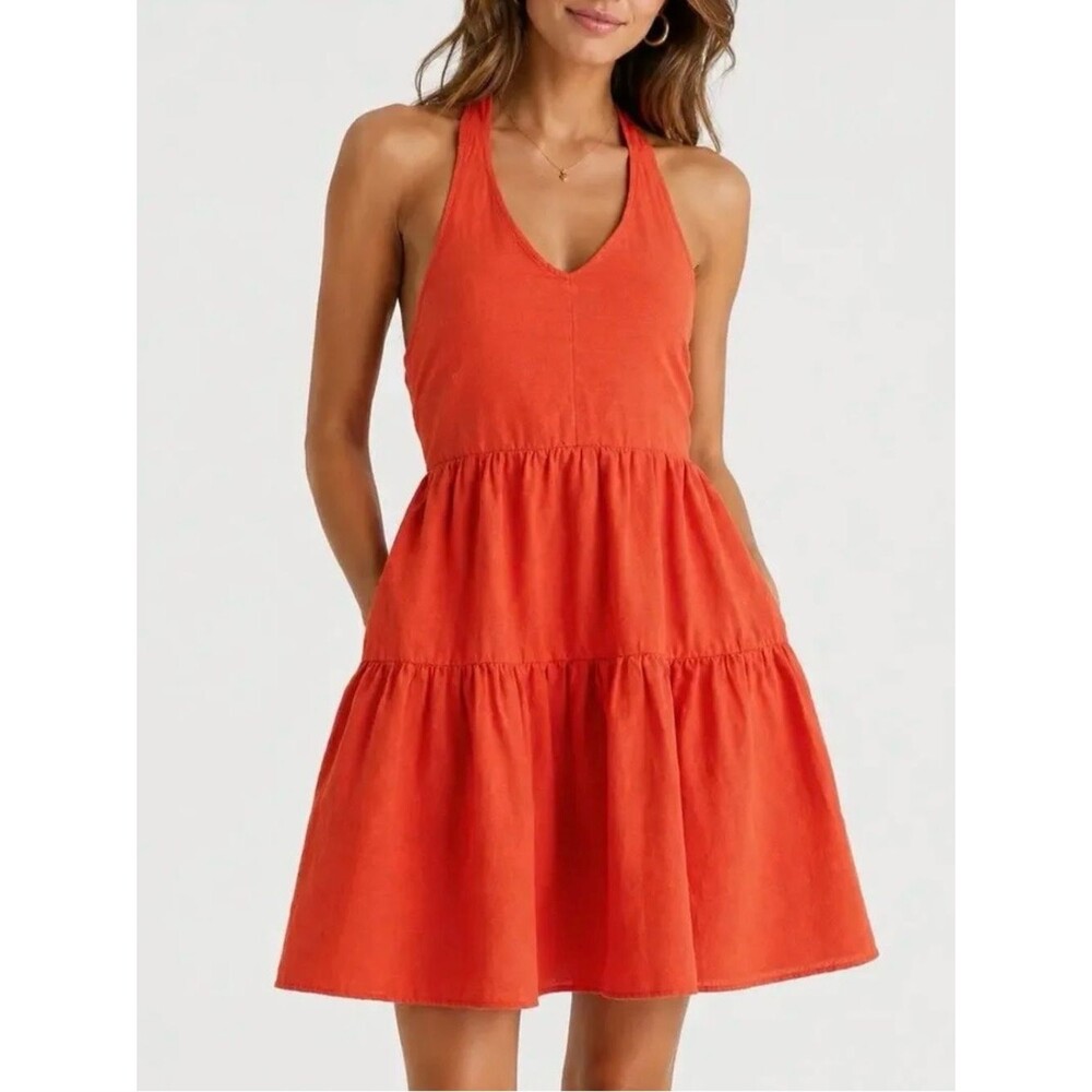 American Eagle Orange Cotton Linen Halter Neck Tiered Dress Women’s Size Medium
